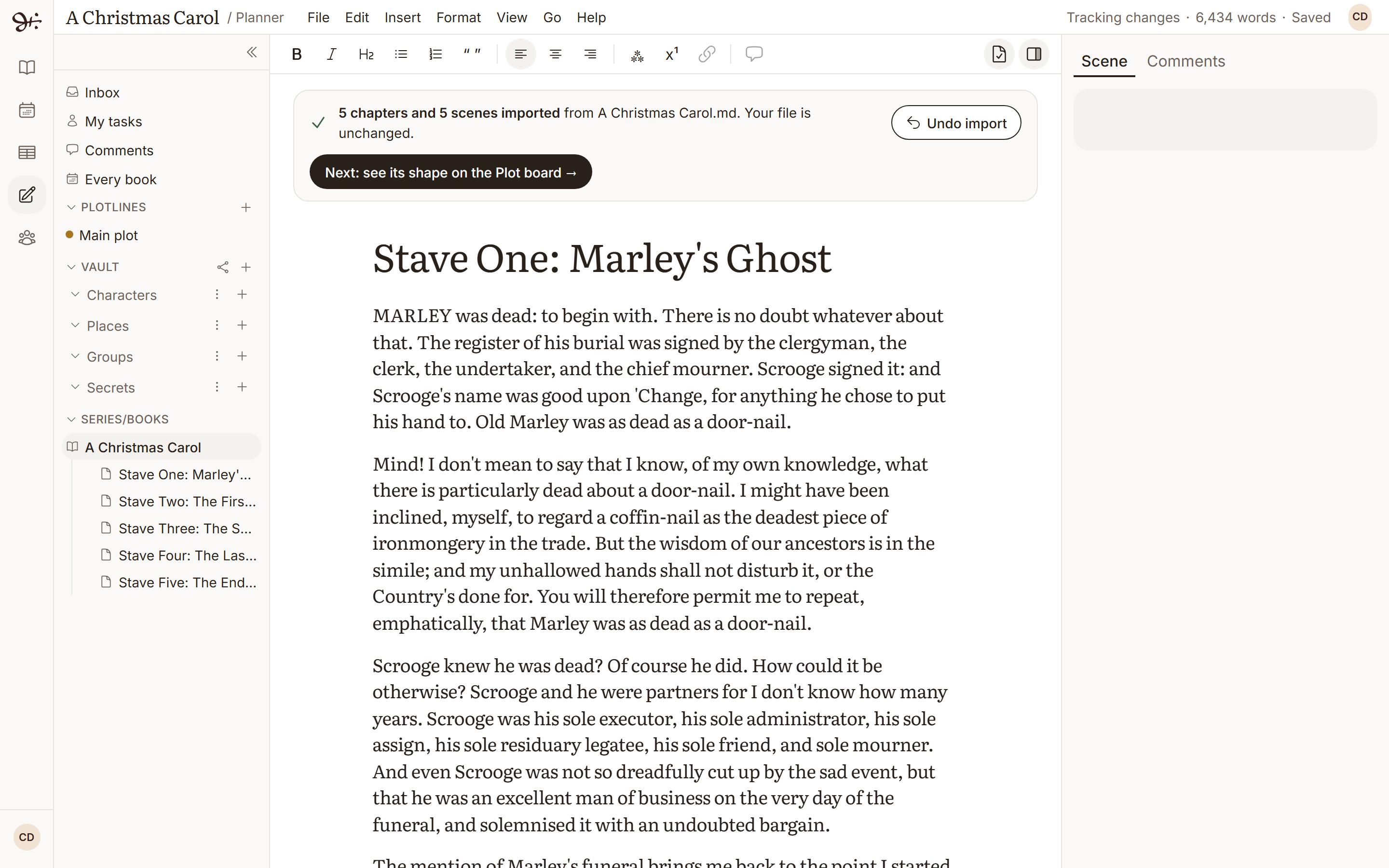 Inside the new book's first stave, with a line saying what the import made and an Undo import button.