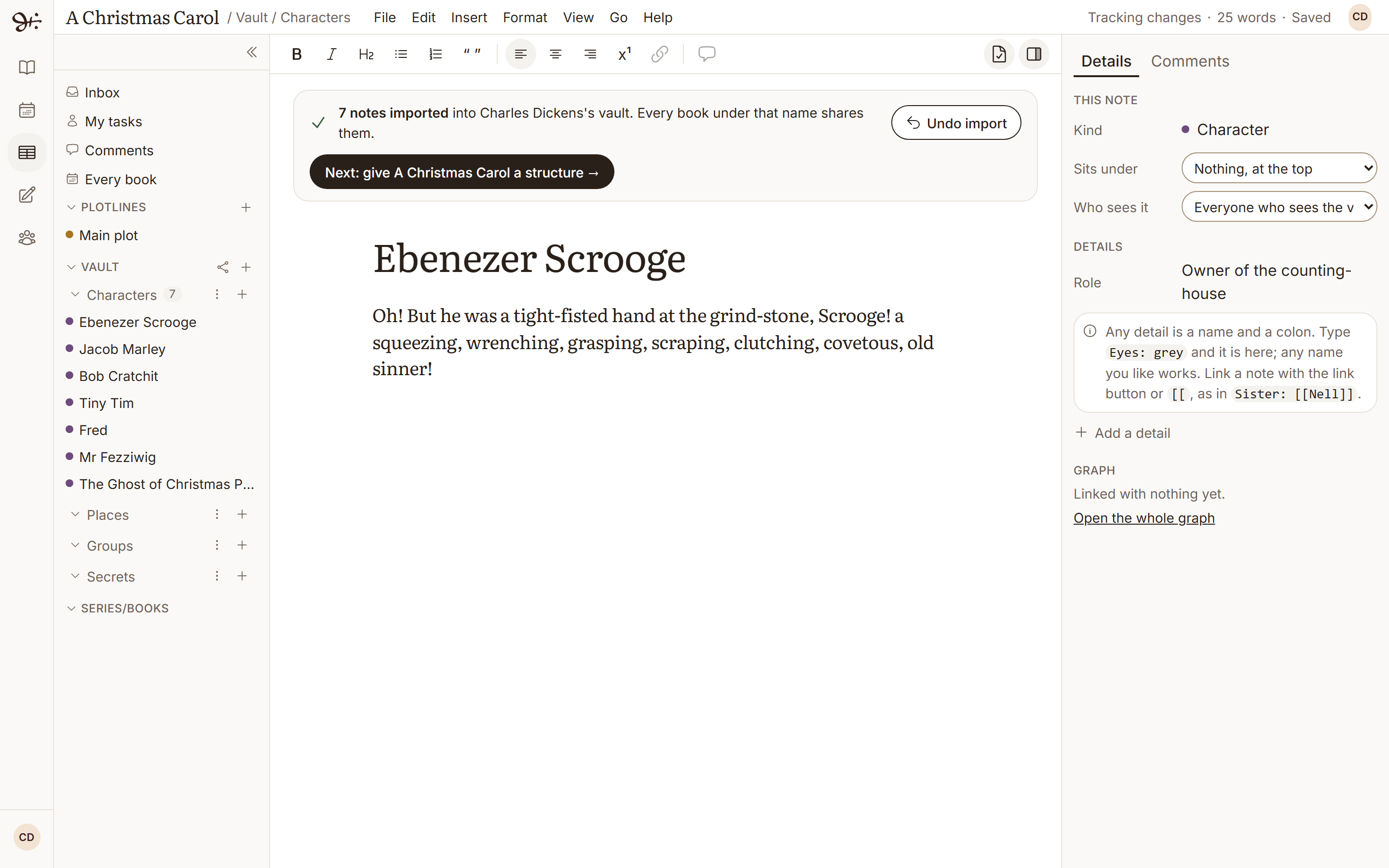 Ebenezer Scrooge as a note in the vault, his role as a detail and Dickens's own description below it.