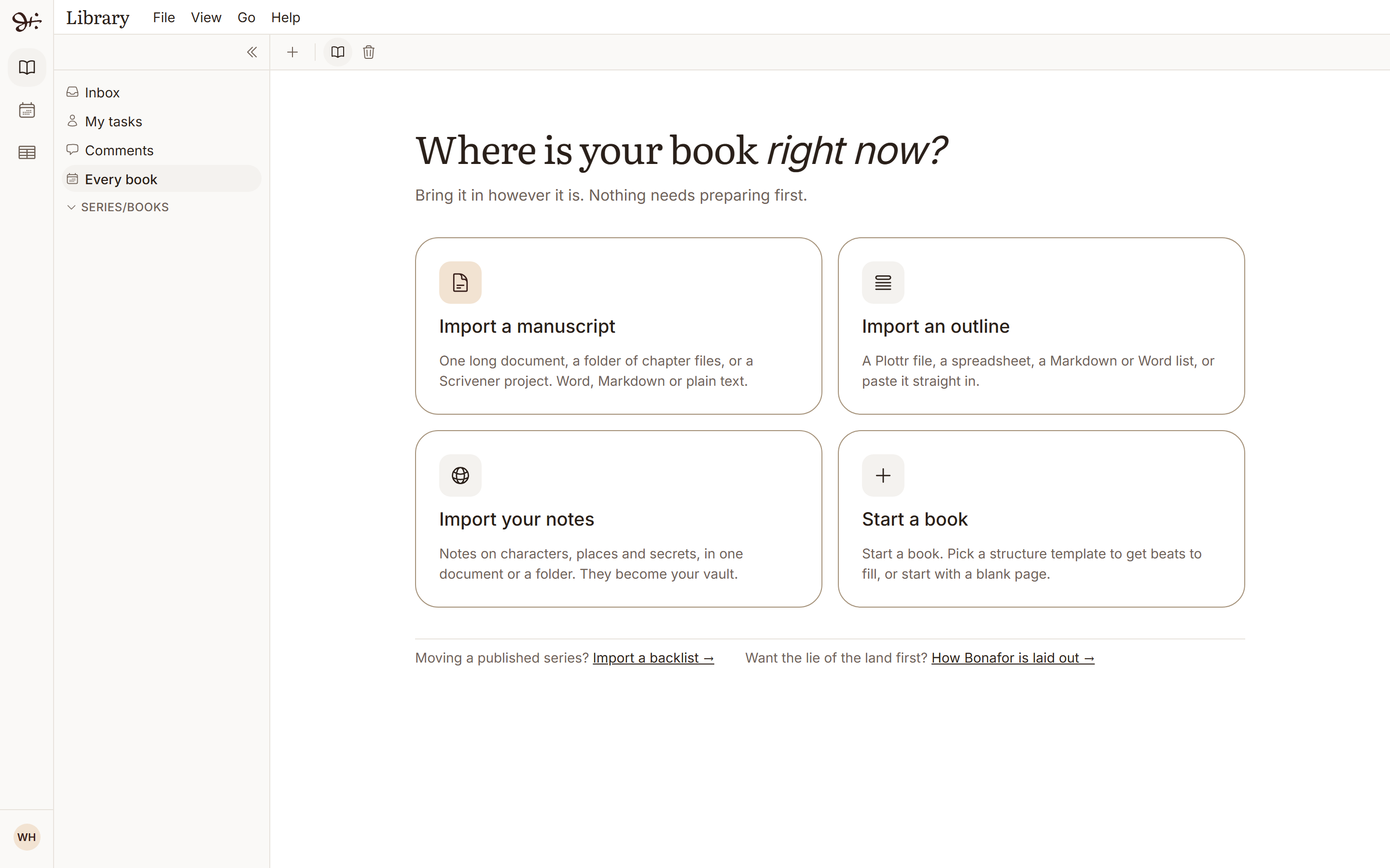 The empty Library, asking where your book is right now, with four doors: import a manuscript, import an outline, import your notes, and start a book.